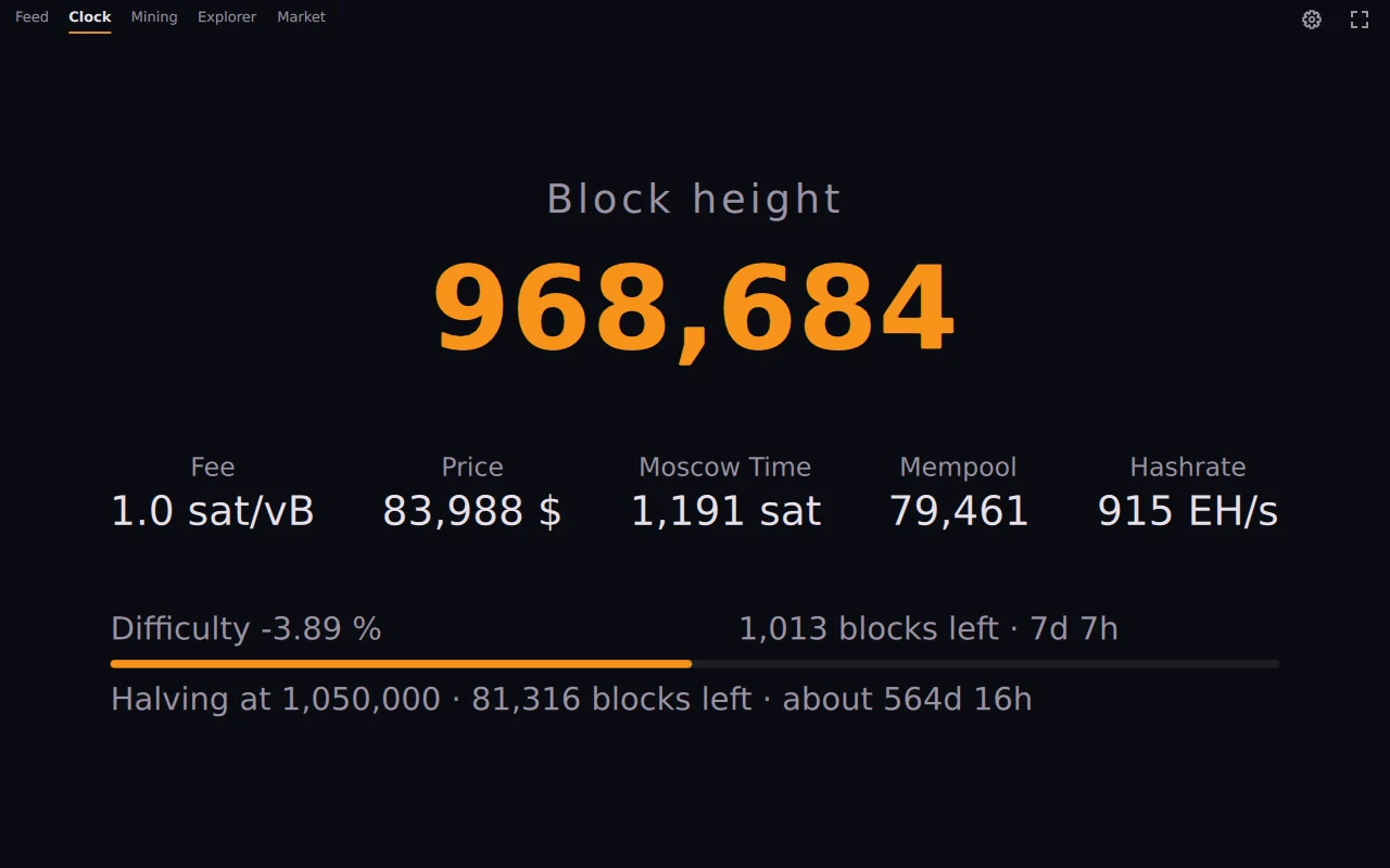 The Clock view with block height, fee, price, Moscow time, mempool and hashrate.